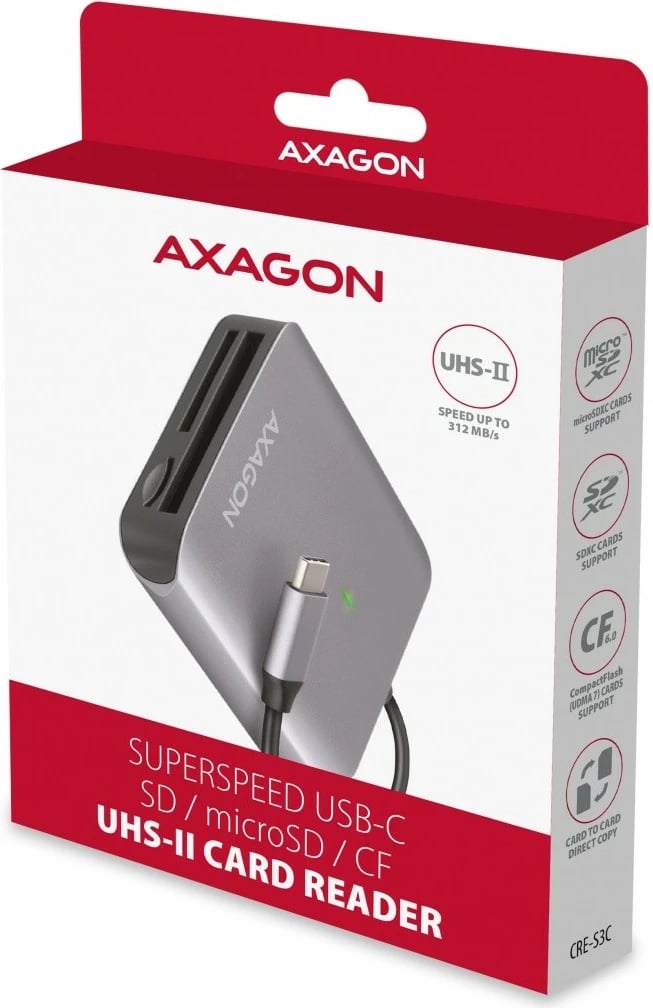 Lexues kartelash AXAGON CRE-S3C, USB-C, 3 slote, alumini, Gri