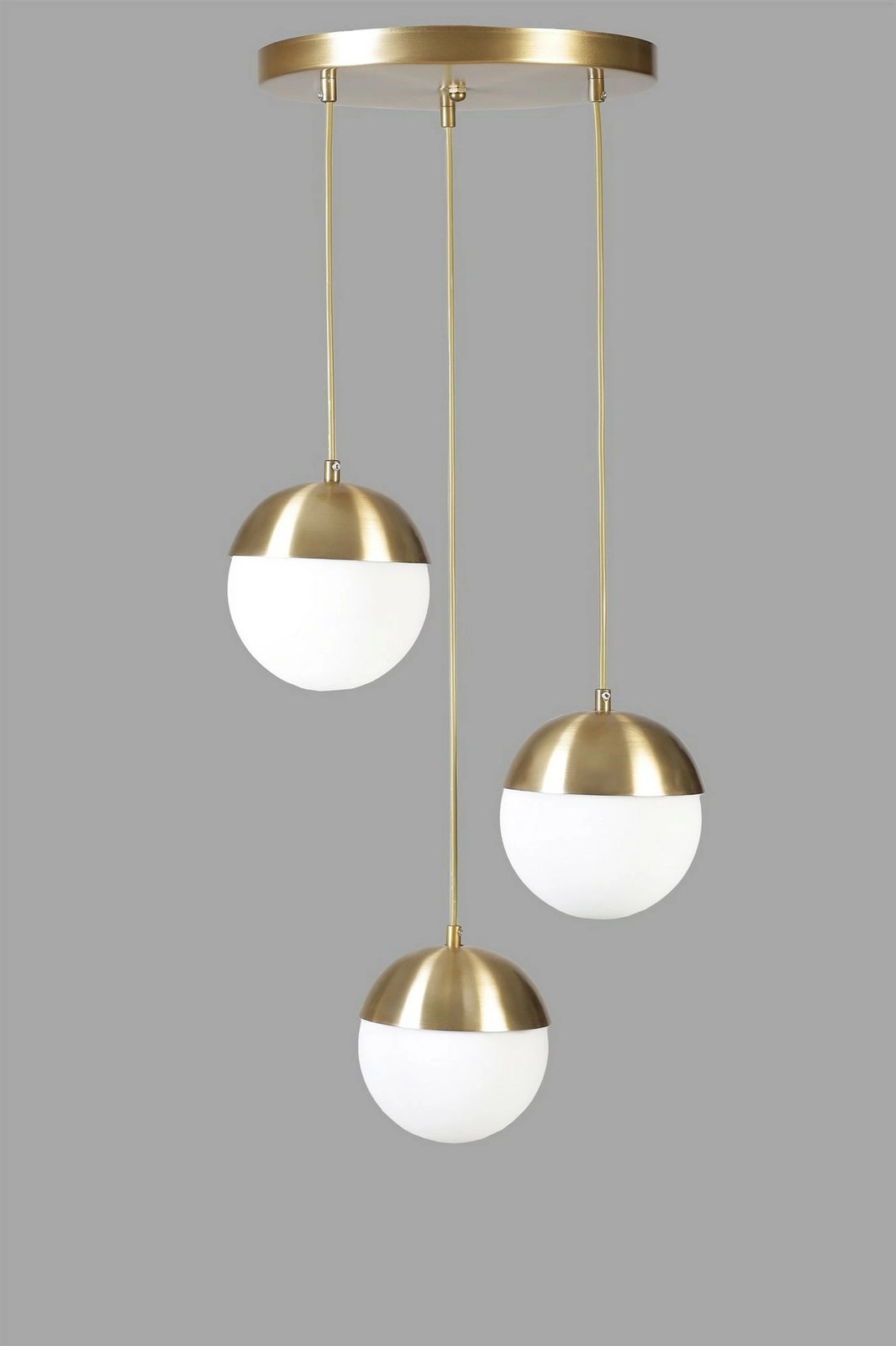 Llambë tavani Opviq, tre sfera, metal ngjyrë ari, xham i bardhë