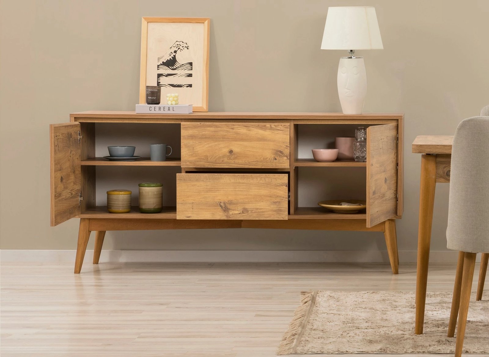 Set tavoline me karrige dhe konsolë, zgjatshme, 6 copë, Skye Decor, Vina 01 1005, ngjyrë Atlantic Pine, krem