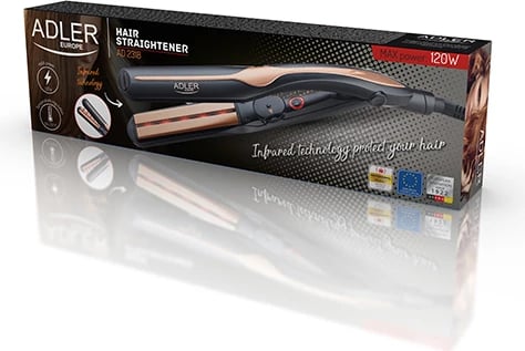 drejtues flokësh infrared, Adler AD 2318, pllaka qeramike 11x3 cm, rregullim temperature 150-230°C, 35W (max 120W), e zezë/rozë e artë