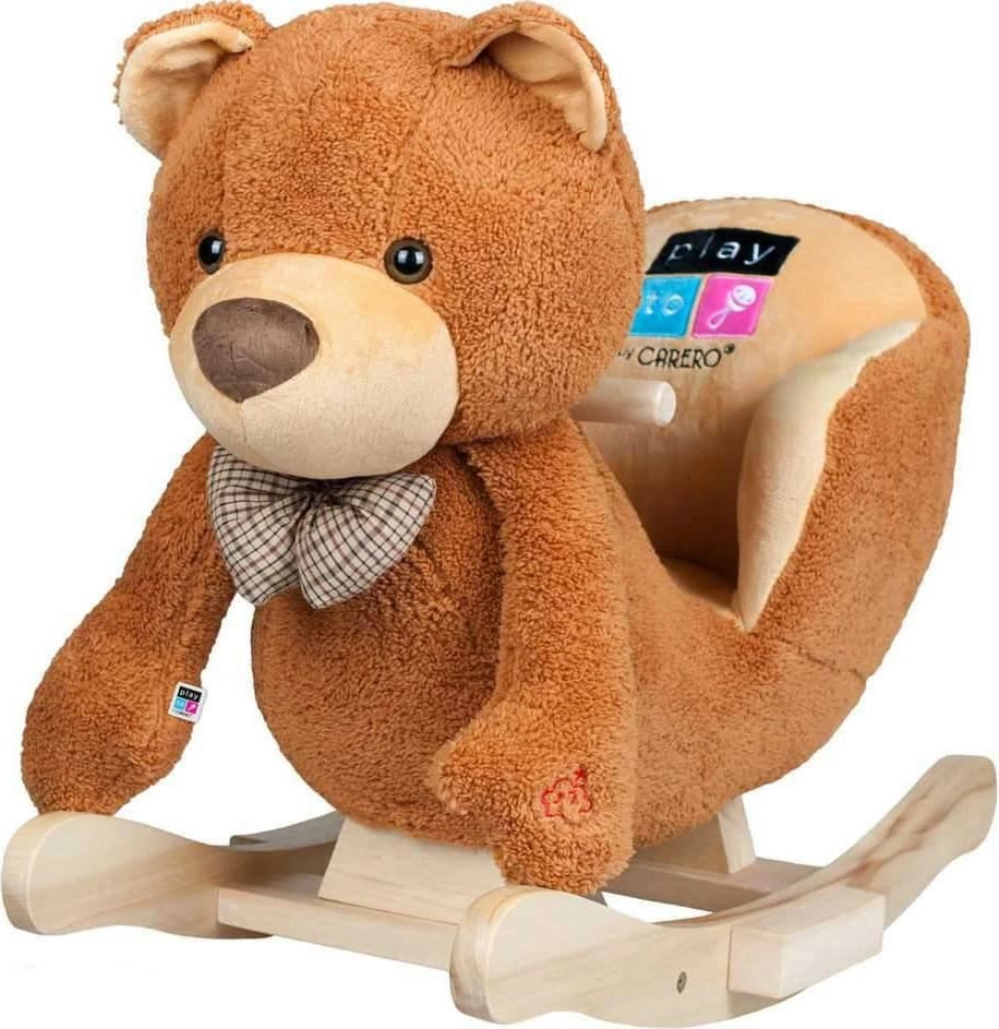 Lodër lëkundëse arush me tinguj, PLAYTO, sedilje me doreza druri, 18m+, kafe