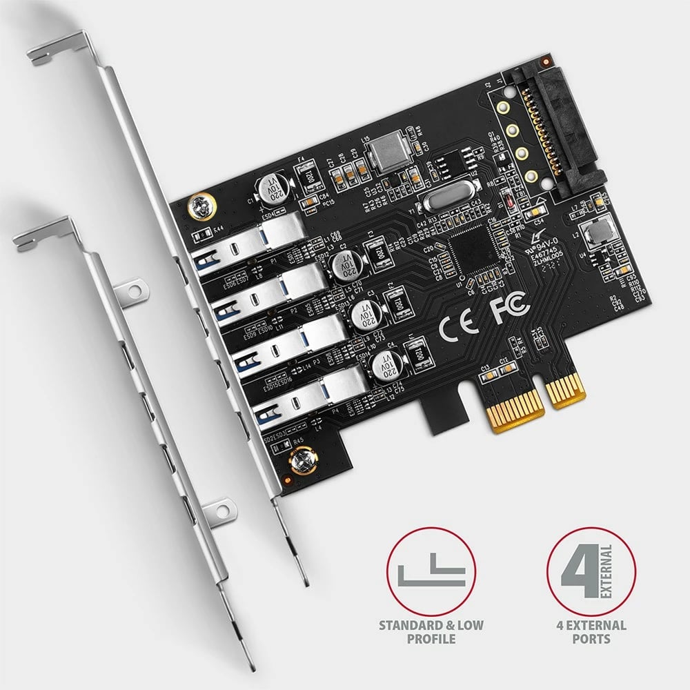 Kartë zgjerimi AXAGON PCEU-43RS, 4x USB 3.2 Gen 1, PCIe, Renesas, me furnizim SATA