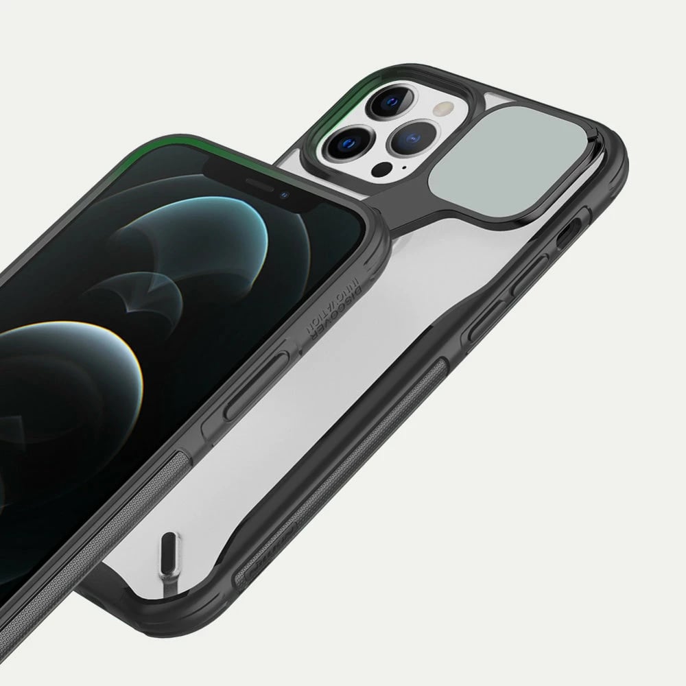 Mbështjellës Nillkin Cyclops Case për iPhone 13 Pro Max, me kapak kamere dhe mbajtëse, i zi