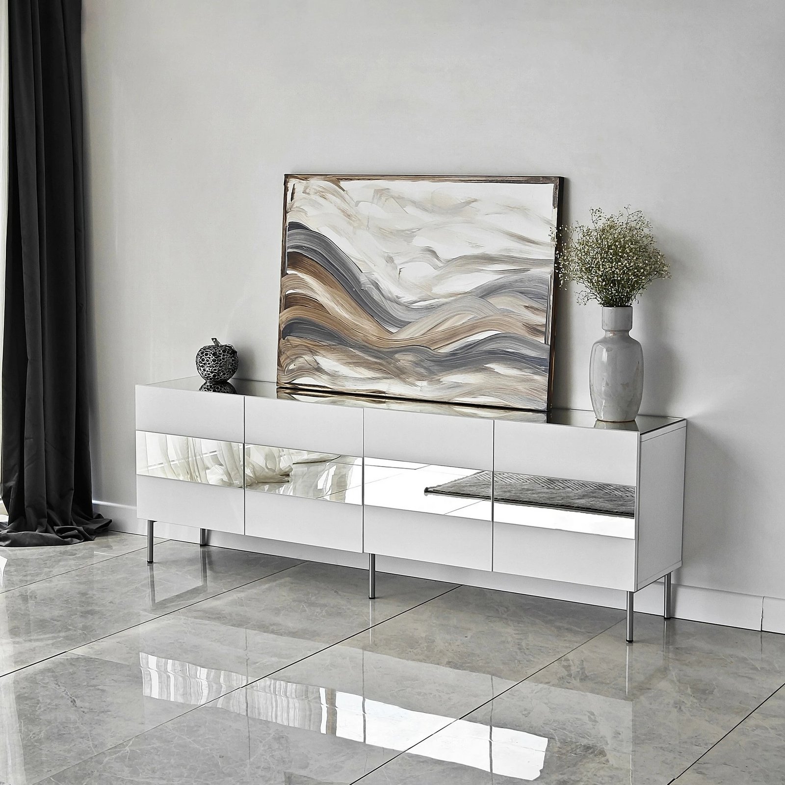 Komodë TV Skye Decor, Leon, e bardhë, argjend