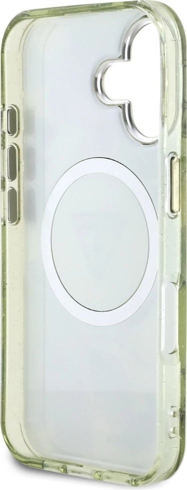 Mbështjellës Guess Glitter Flowers Triangle Buttons MagSafe për iPhone 16, Gjelbër