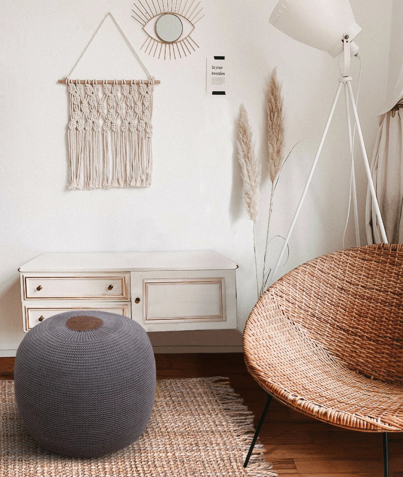 Puf i butë, dorëpunuar, ngjyrë kafe, Evila Originals, 40x40x45 cm