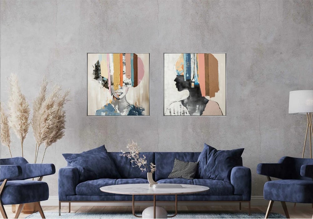 Pikturë dekorative gruaje me ngjyra të ndryshme, kanavacë, dru, argjend, 80x80x5cm