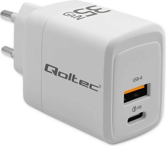 Karikues muri Qoltec 35W GaN, 1x USB-C PD, 1x USB QC 3.0, Bardhë