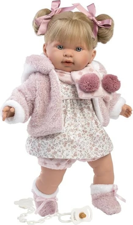 Kukull që qan, Llorens, Alexa 42280, 42 cm, me biberon dhe veshje 8‑pjesëshe, me bateri