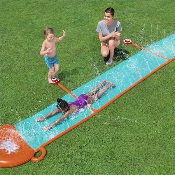 Rrëshqitëse uji fëmijësh me spërkatës, Bestway H2OGO! StompBlast 4.88 m, një korsi, lidhet me zorrë kopshti, blu, me arnpallë riparimi
