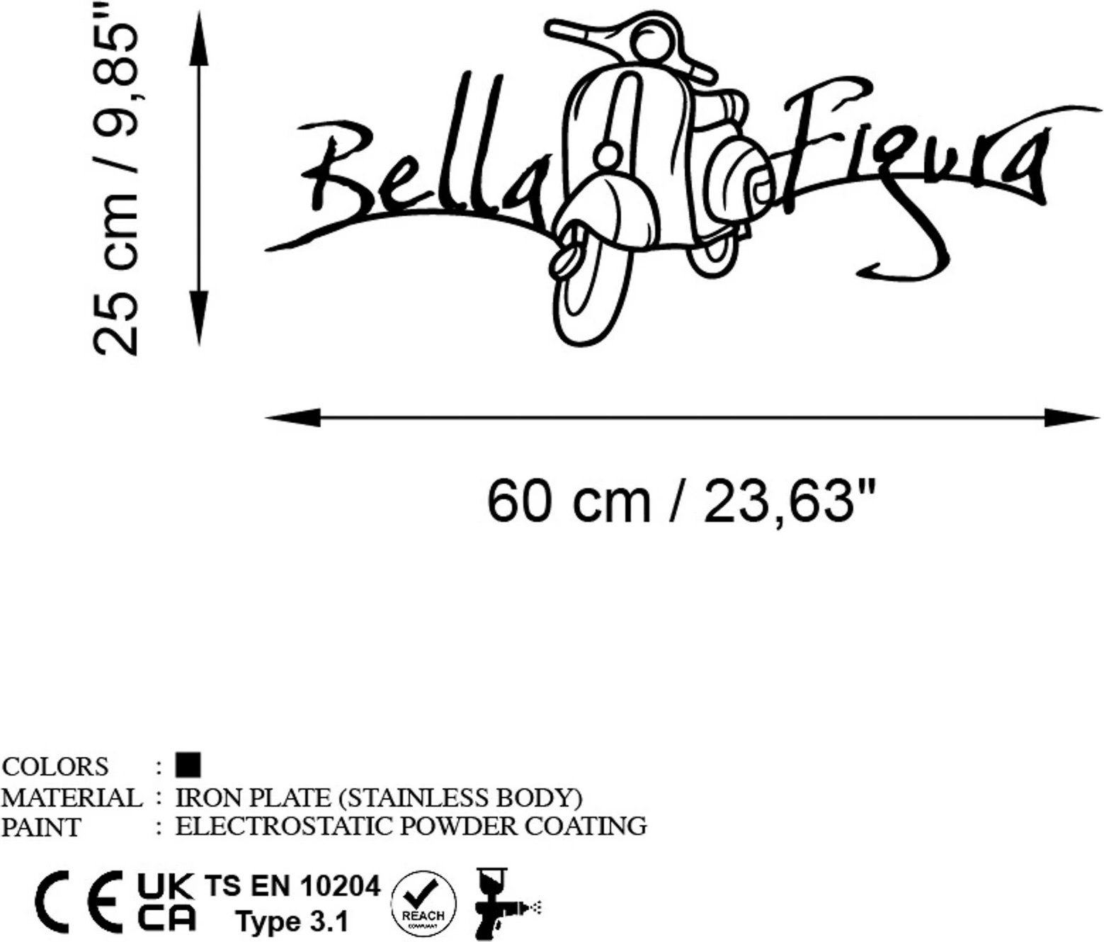 Aksesor dekorativ metalik për mur, Bella Figura 1, ngjyrë e zezë, 60x25cm