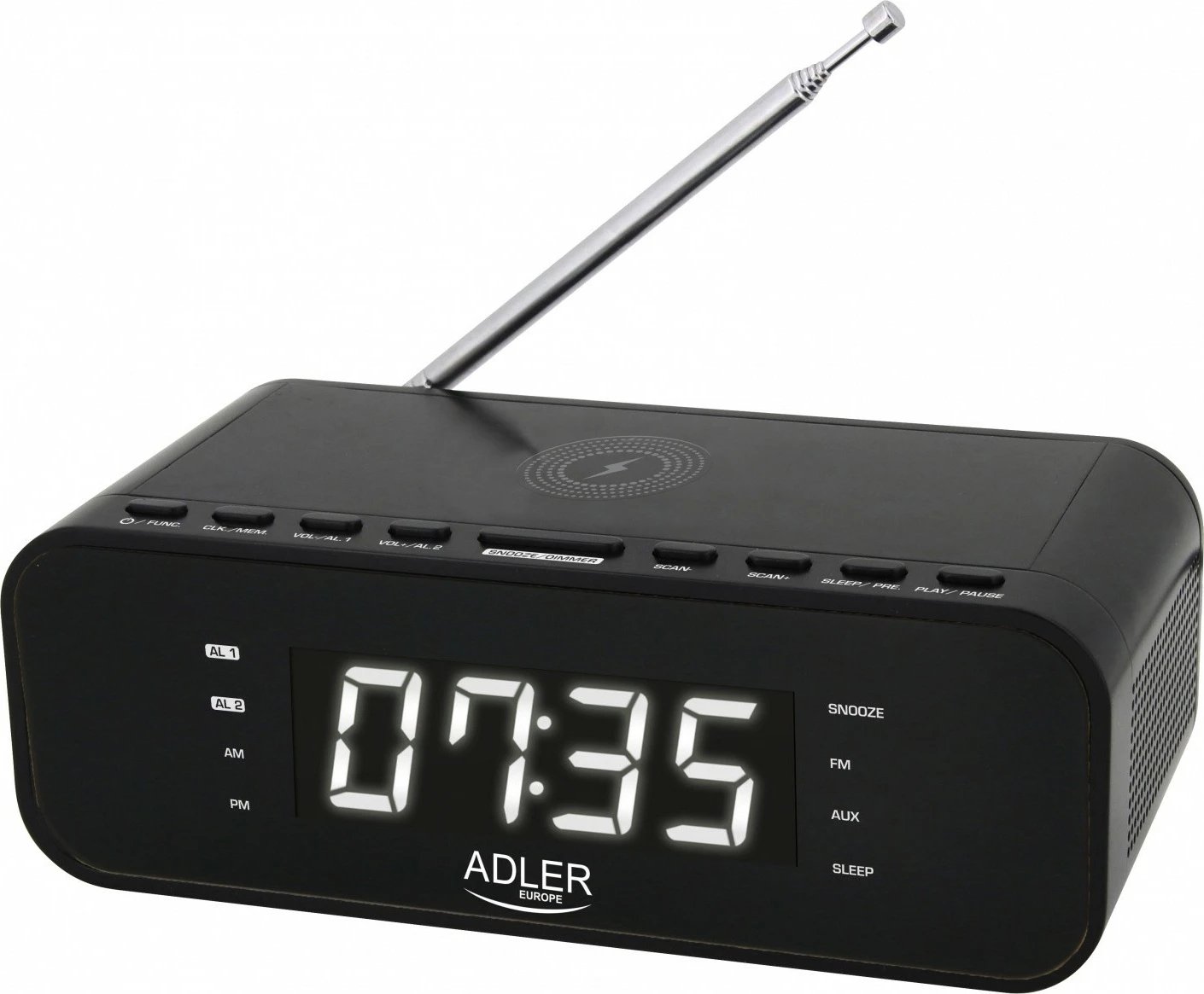 Radio-alarëm Adler AD 1192B me Bluetooth, karikues pa tela, USB, FM, e zezë