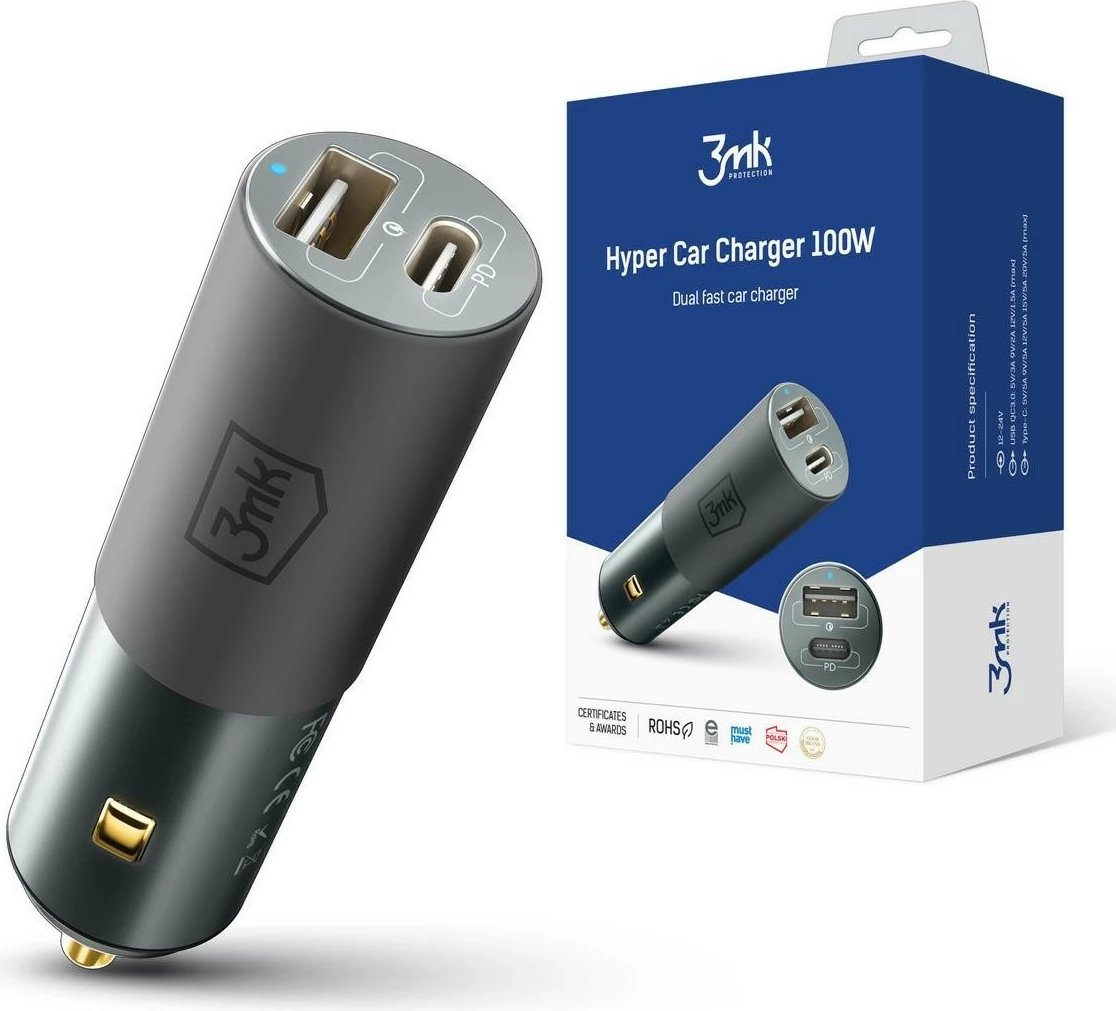 Karikues veture 3MK Hyper Car Charger 100W, 1xUSB-C + 1xUSB-A, Çelik