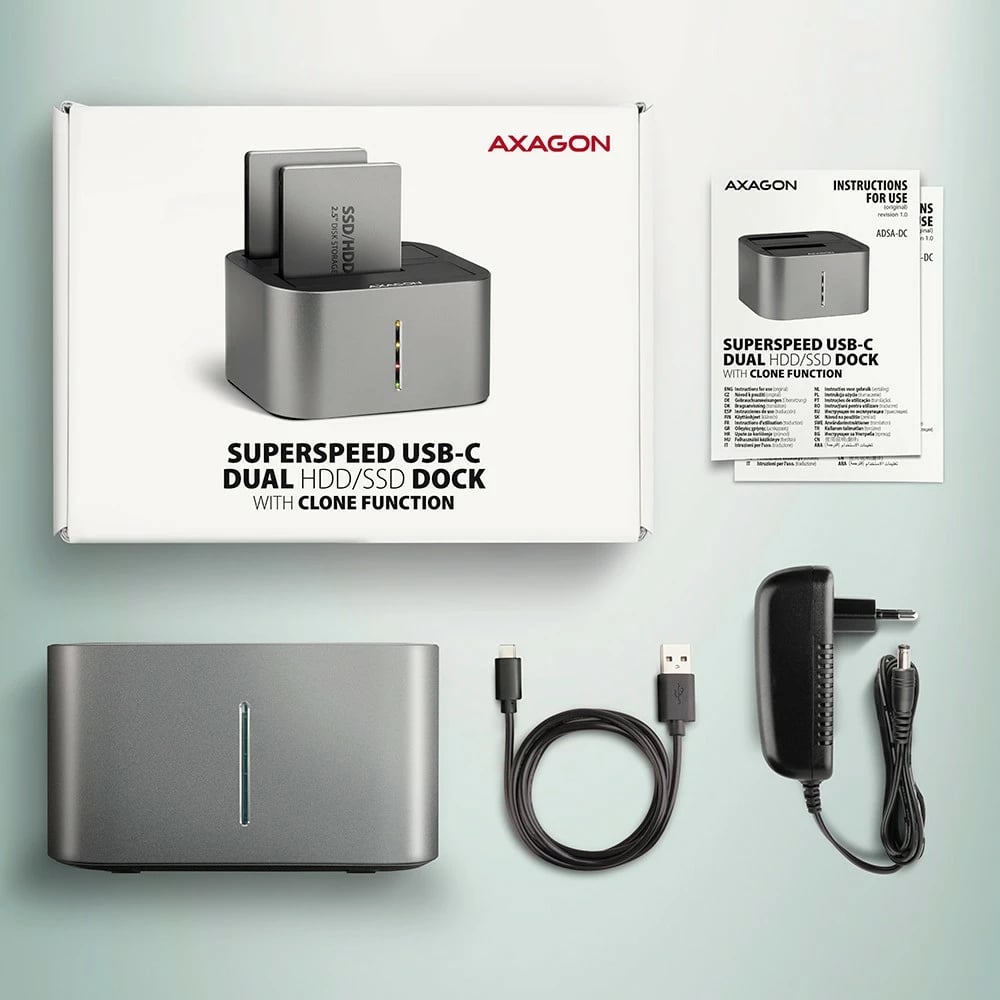 Stacion dokimi AXAGON ADSA-DC, për 2x HDD/SSD 2.5"/3.5", USB 3.2, Gri
