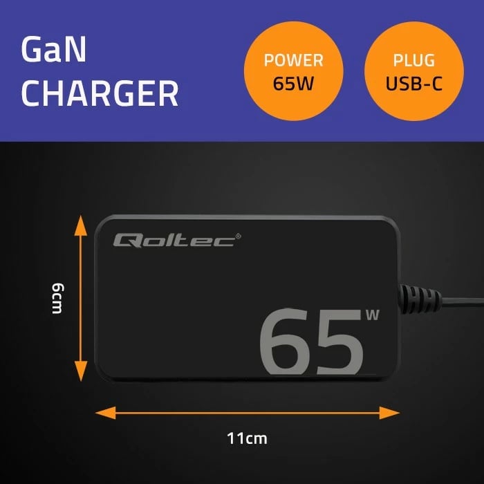 Karikues rrjeti Qoltec 65W GaN, USB-C 3.1, për laptop, MacBook, celular, i zi, me kabllo
