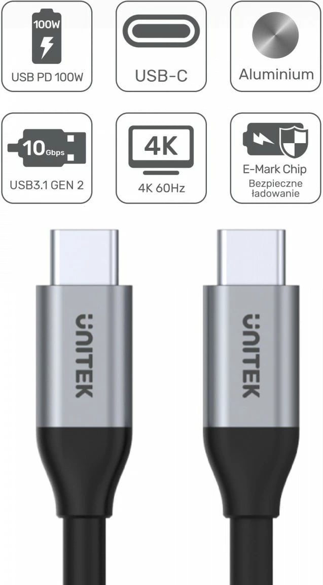 Kabllo USB-C në USB-C Unitek C14082ABK, 1m, 10Gbps, 4K60Hz, e zezë/gri Kabllo USB-C në USB-C Unitek C14082ABK, 1m, 10Gbps, 4K60Hz, e zezë/gri