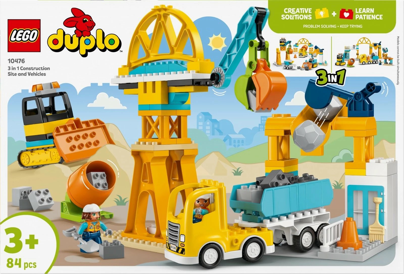 Set lodrash LEGO DUPLO 10476 Kantier ndërtimi me automjete 3-në-1, 84 copë, 3+