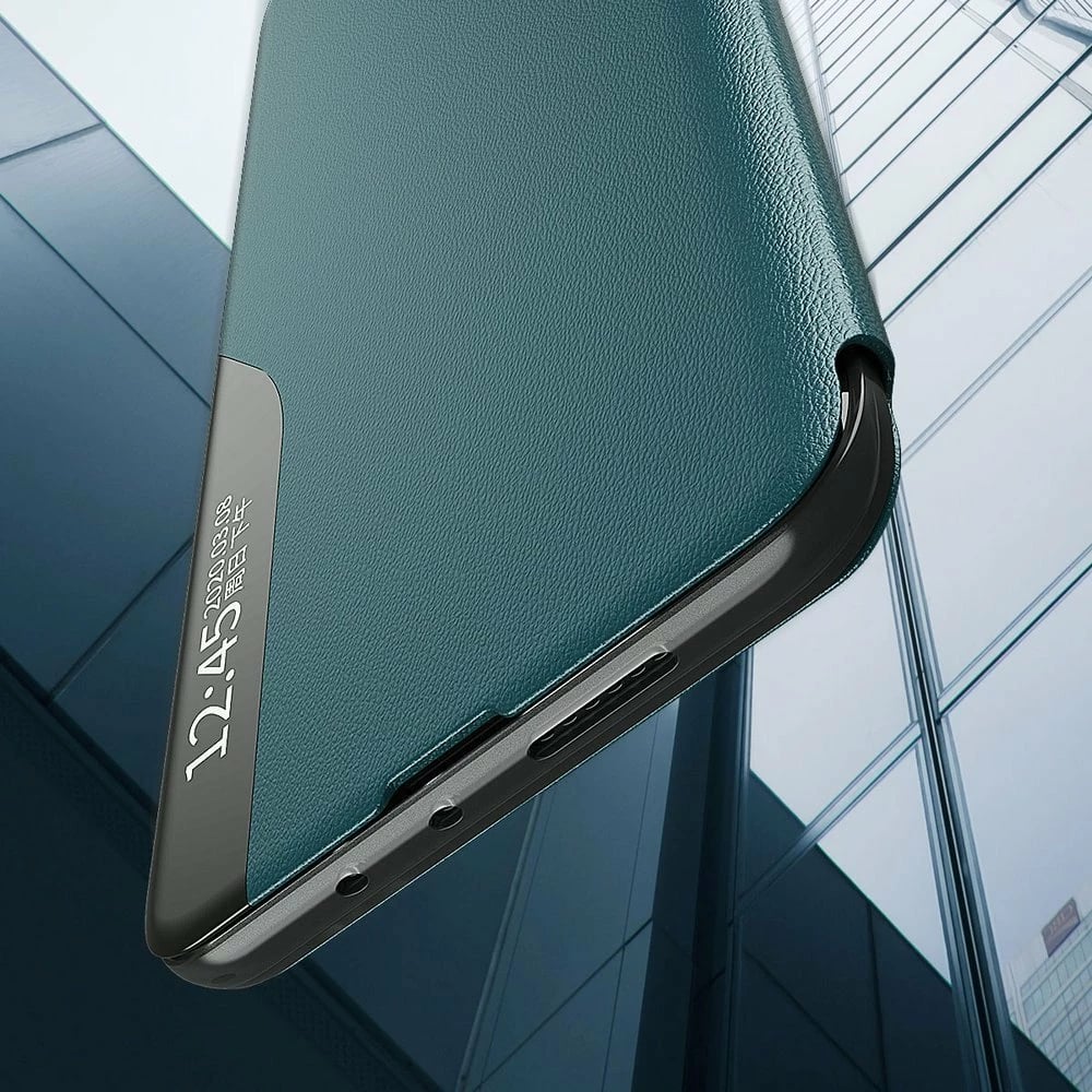 Mbështjellës Hurtel Eco Leather View Case për Samsung Galaxy A72 4G, me kapak dhe qëndrim, i zi