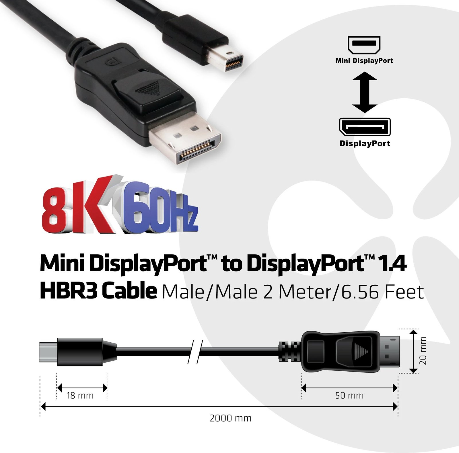 Kabllo DisplayPort Club3D MiniDP 1.4 në DP 1.4, 2m, e zezë