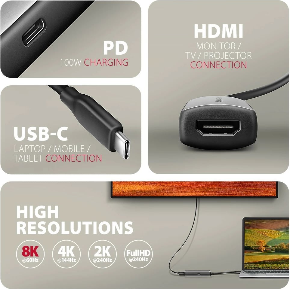 Adapter USB-C në HDMI AXAGON RVC-HI8KPD, 8K/60Hz, 16cm, Gri