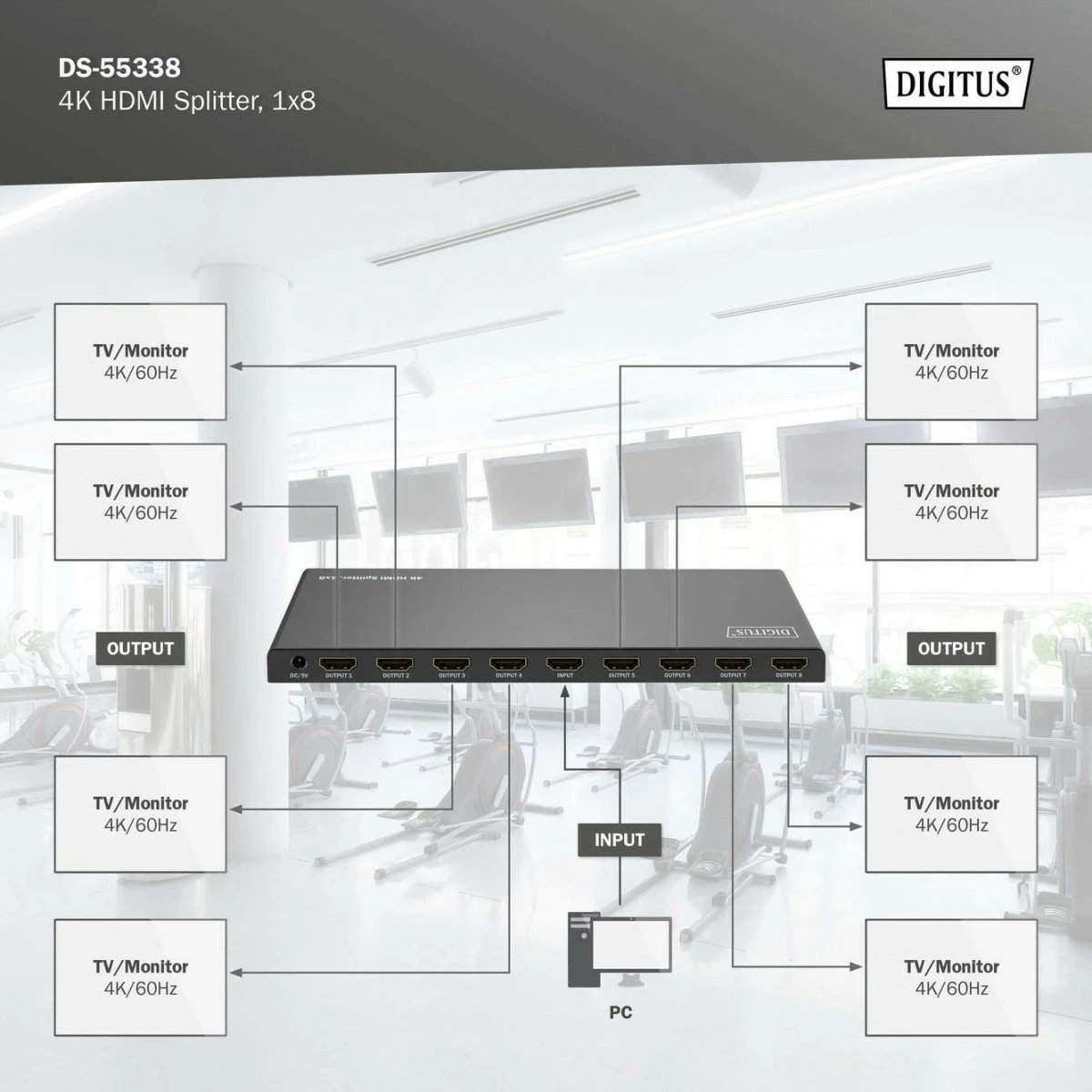 Shpërndarës HDMI Digitus DS-55338, 1x8, 4K/60Hz, HDR, i zi