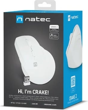 Maus vertikal Natec Crake 2, wireless, 2.4 GHz + Bluetooth 5.2, i bardhë