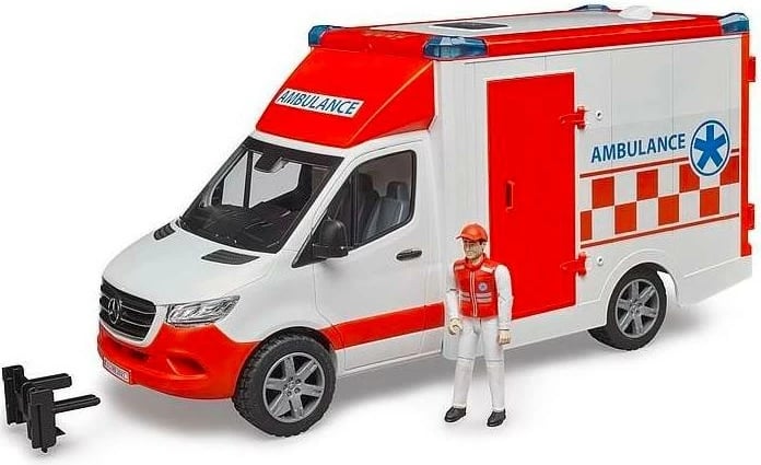 Lodër ambulancë BRUDER Mercedes-Benz Sprinter me figurë paramediku, 1:16, Kuqe/Bardhë