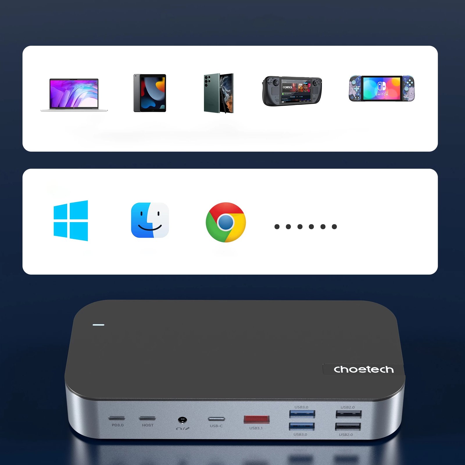 Kasë Choetech HUB-M52, USB-C, HDMI, VGA, DP, SD, RJ45, Gri