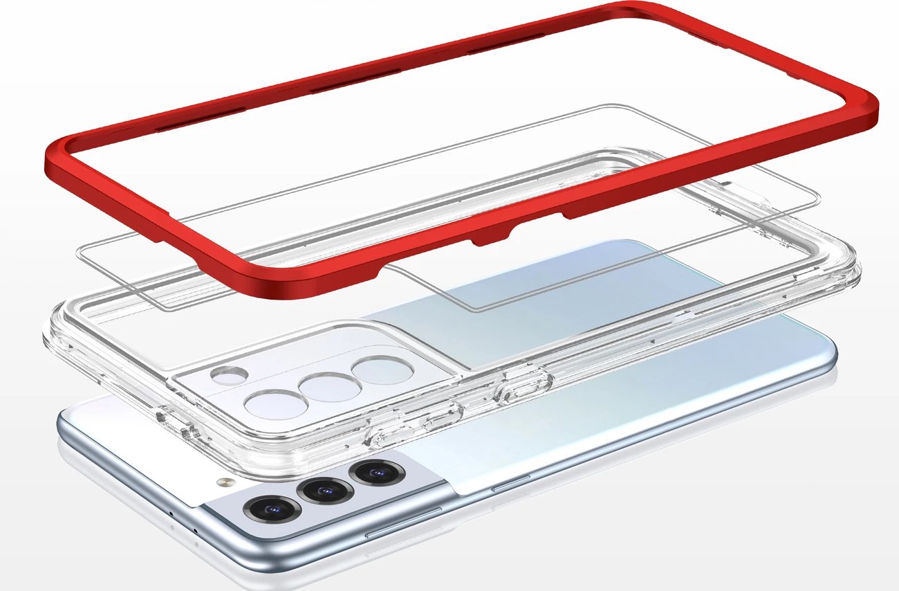 Mbështjellës Hurtel Clear 3in1 për Samsung Galaxy S23, i tejdukshëm me kornizë të kuqe