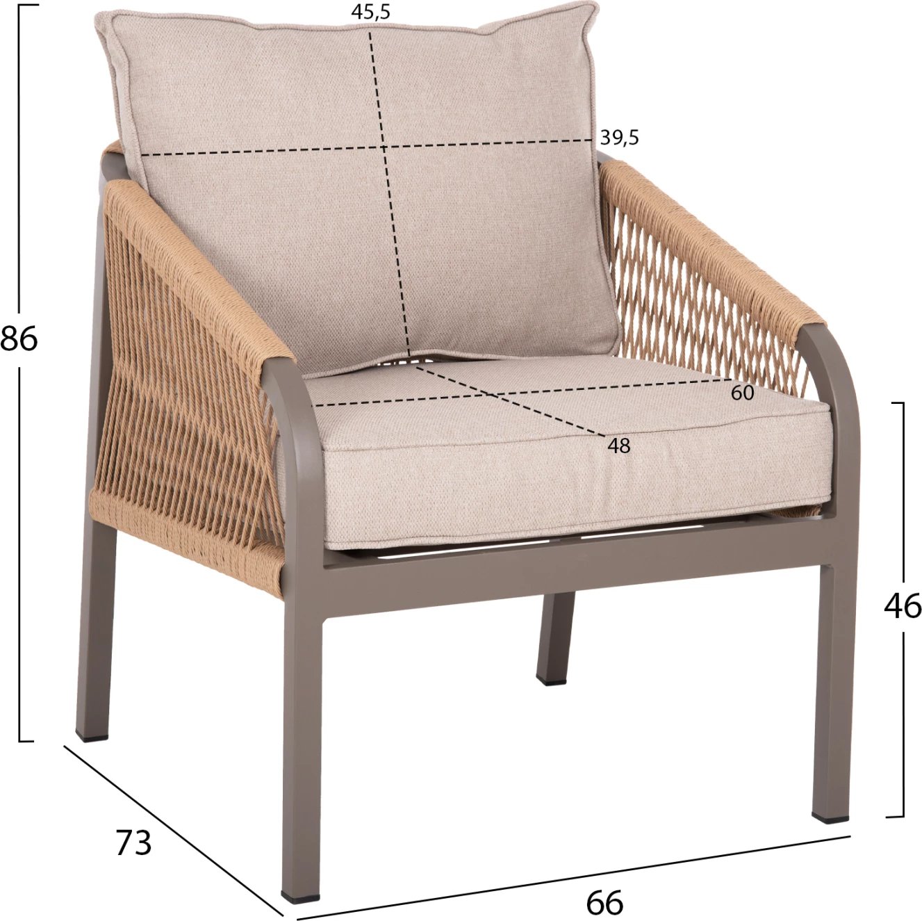 Set salloni për jashtë 4 pjesë MAERLY FH6056.04 ngjyrë shampanjë alumini-pe litar-bezh jastëkë