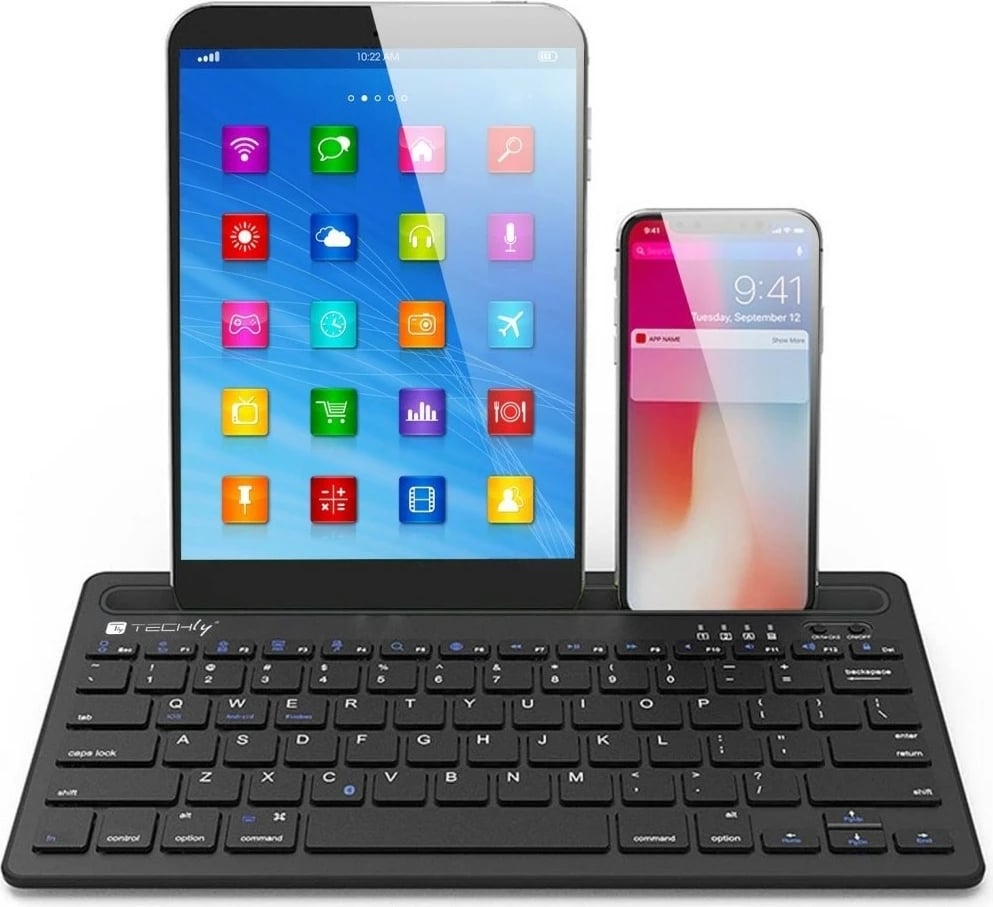 Tastierë Bluetooth Techly ICTBK102U me mbajtëse për tabletë dhe telefon, e zezë