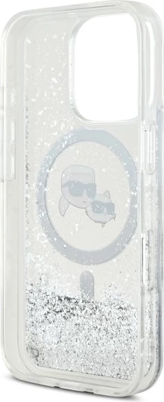 Mbështjellës Karl Lagerfeld Liquid Glitter Karl & Choupette Head MagSafe për iPhone 16 Pro Max, Transparent