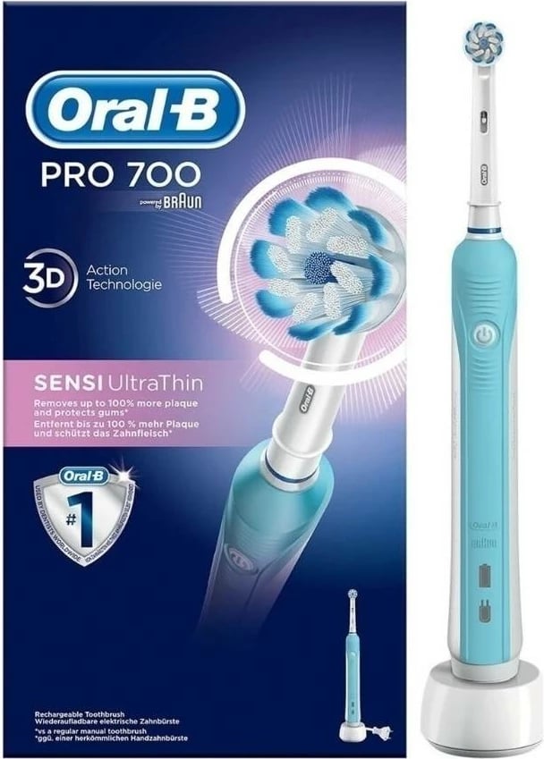 Furçë dhëmbësh elektrike, Oral-B, Pro 700 Sensi Clean, Sensi UltraThin, 2 mënyra pastrimi, rezistente ndaj ujit, blu e bardhë