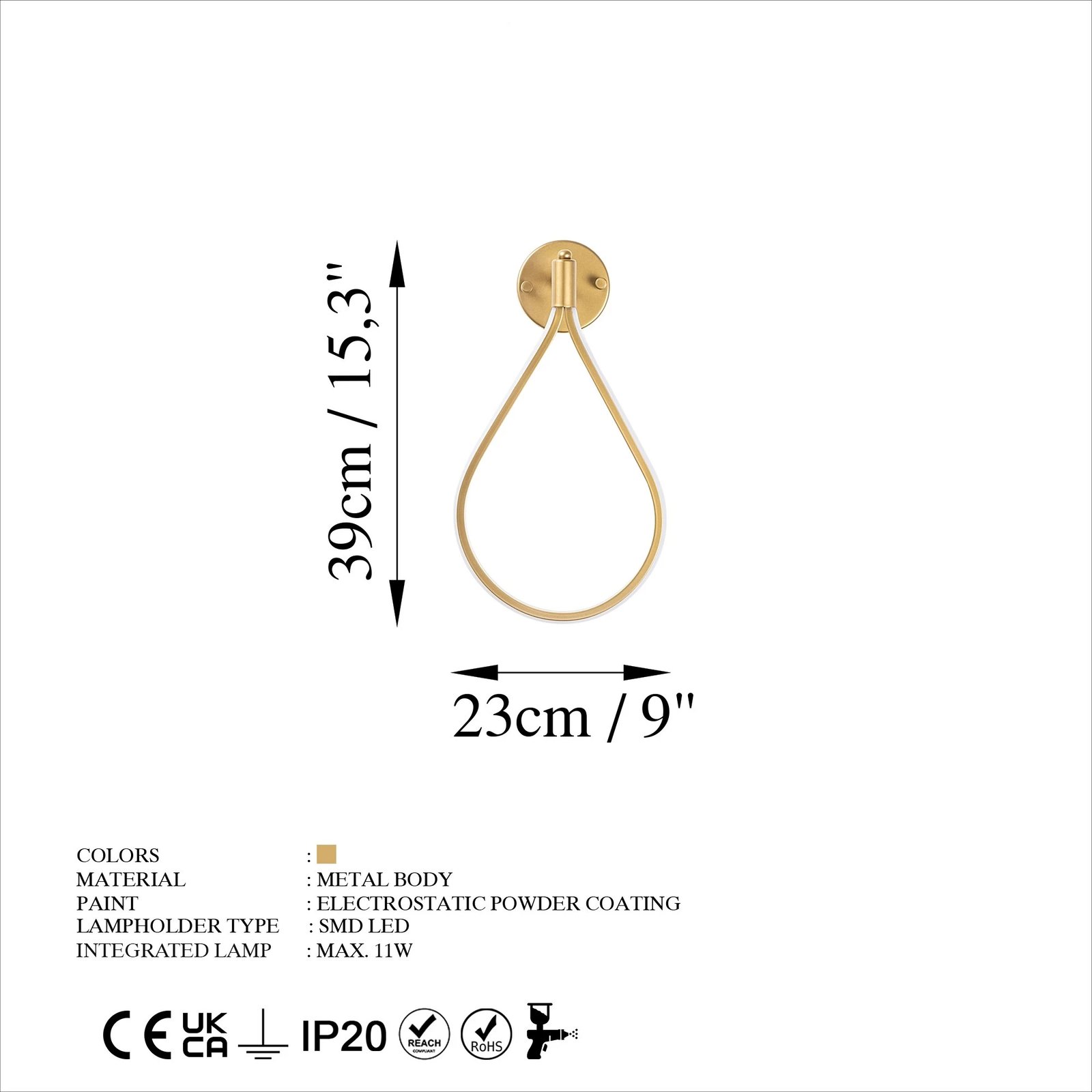 Llambë muri Opviq, Damla, ngjyrë ari, 23x39x13cm