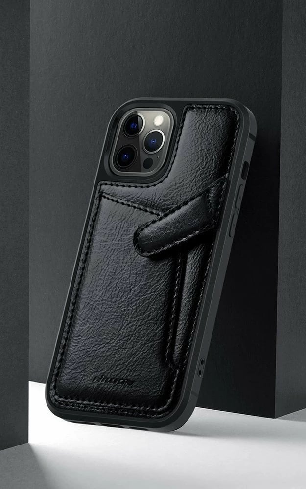 Mbështjellës Nillkin Aoge Leather Case për iPhone 12 mini, lëkurë natyrale, xhep për monedha, e zezë