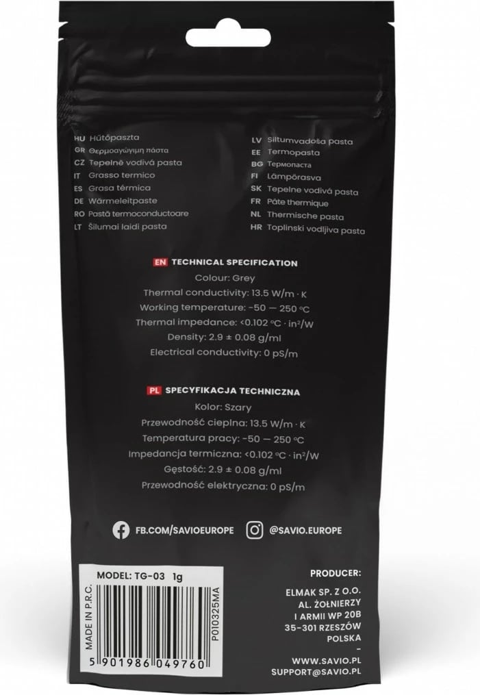 Pasta termike Savio Glacier TG-03, 1g, 13.5 W/mK, Gri