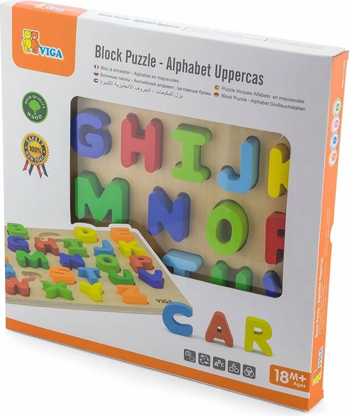 Puzzle alfabeti druri, Viga, Alphabet wooden jigsaw, 30x30 cm, bazë me figura, 26 shkronja 3D, për 18m+, multicolor, set 27 pjesë