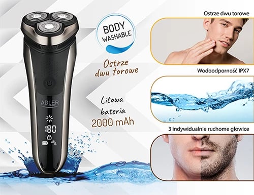 Makinë rroje elektrike, Adler AD 2933, 3 koka lëvizëse, IPX7, deri 180 min, USB-C, ekran LCD