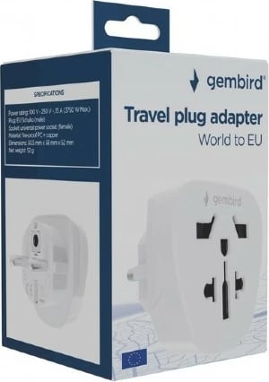 Adapter rryme udhëtimi, Gembird, A-AC-EUMINTF, 15A, prizë BE Schuko, i bardhë