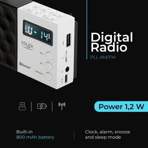 radio dixhitale PLL AM/FM, Adler AD 1908, Bluetooth 5.0, USB/SD, memorie 20 stacione, ekran LCD, 1.2 W, bateri 800 mAh, bardh e zezë