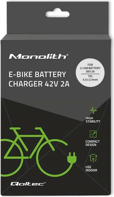 Karikues për biçikletë elektrike Qoltec 50761, 42V, 2A, 5.5x2.5mm, i zi