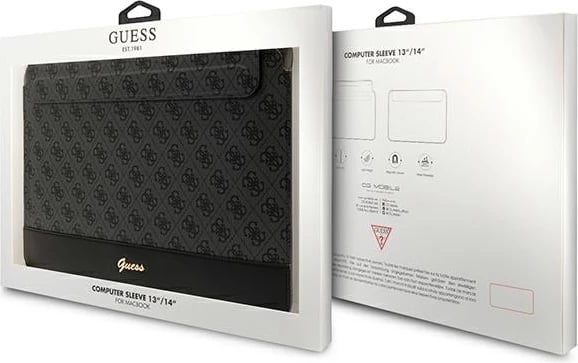 Mbështjellës laptopi Guess 4G Stripe Metal Logo, deri 14", Eco-leather, i zi