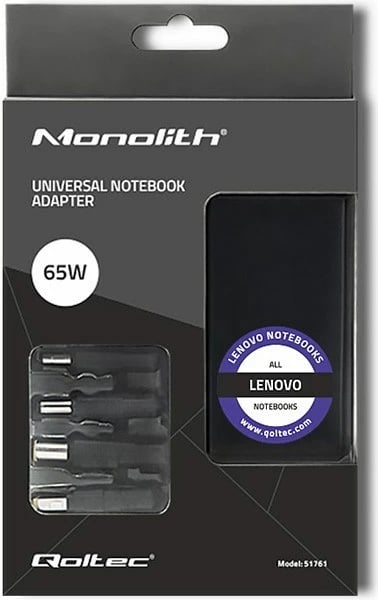 Adapter rryme Qoltec 51761 për Lenovo, 65W, 4 konektorë, kabllo rryme, zi