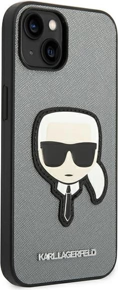 Mbështjellës Karl Lagerfeld KLHCP14MSAPKHG për iPhone 14 Plus 6.7", hardcase, Saffiano Karl's Head Patch, argjendtë