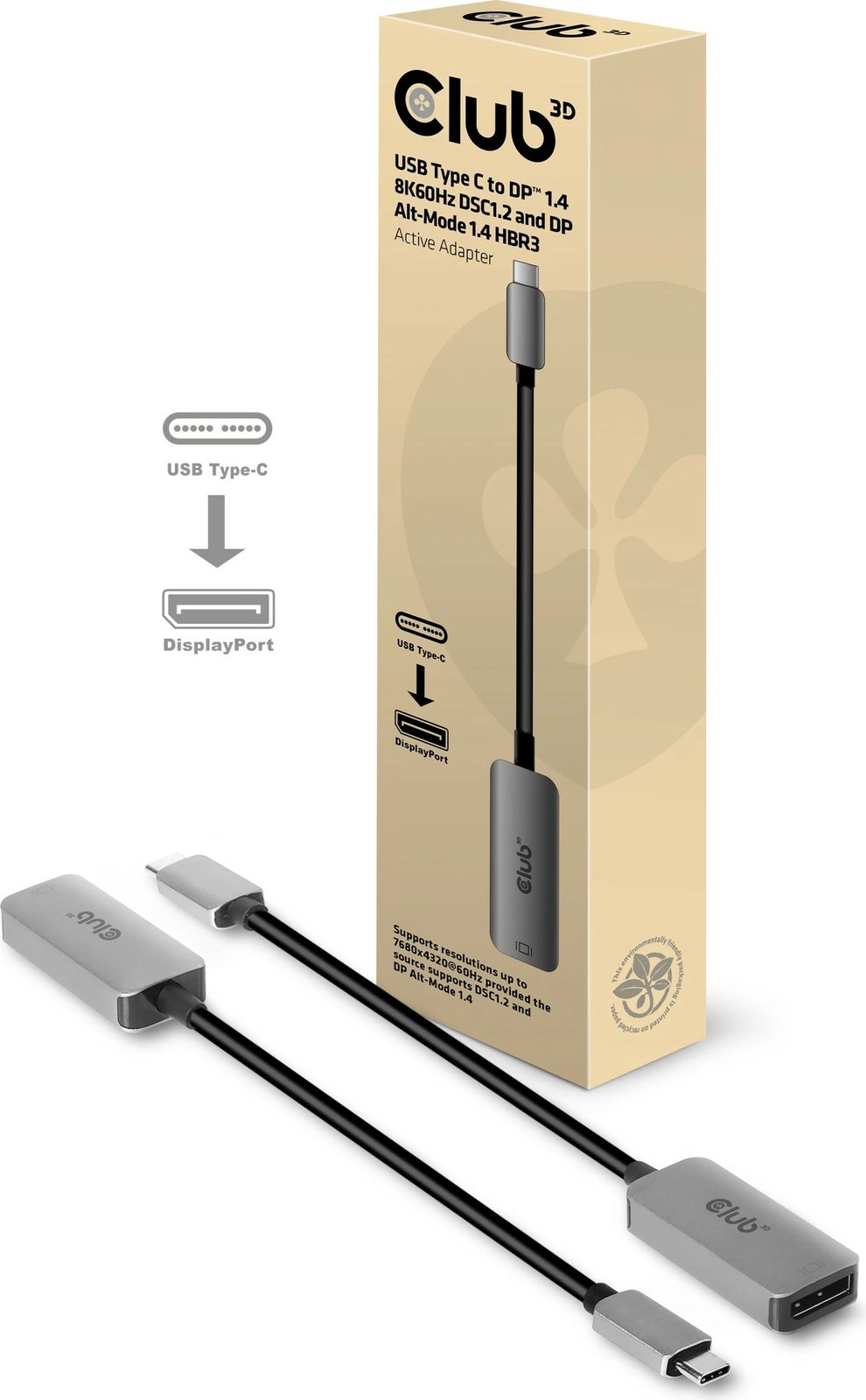 Adapter Club3D USB Type-C në DisplayPort 1.4, 8K60Hz, i zi/argjendtë