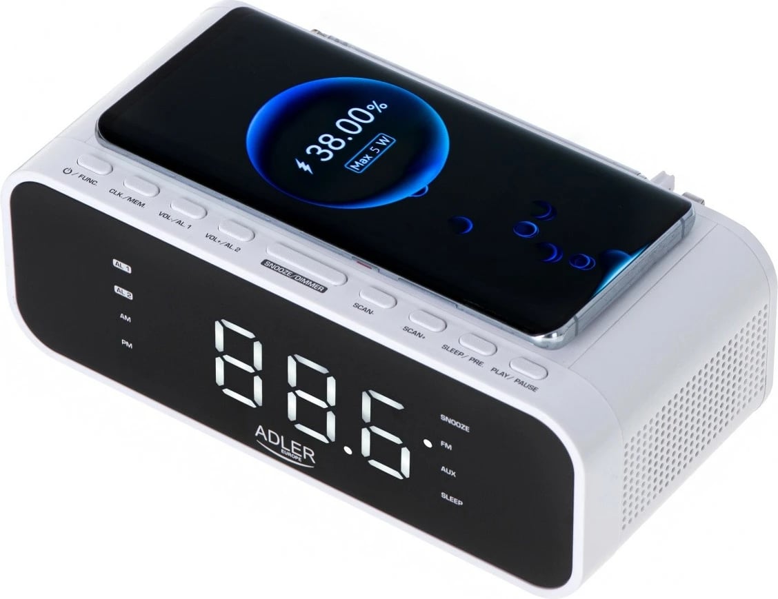 Radio‑alarm Adler AD1192W, FM PLL, Bluetooth 5.0, ngarkim pa tela 5W, 30 preset-e, e bardhë