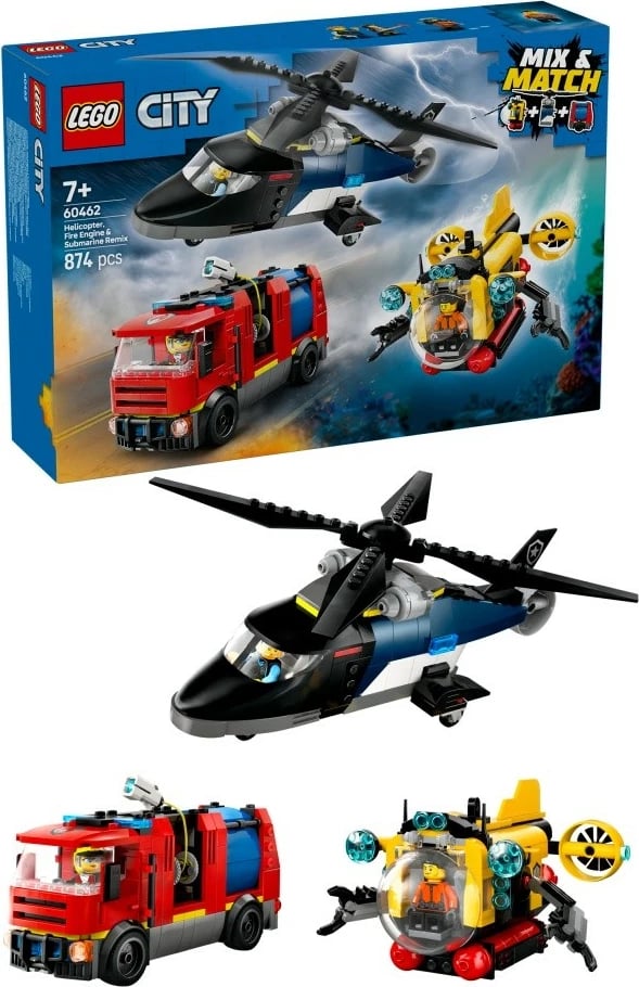 Set ndërtimi LEGO City 60462 me helikopter, kamion zjarrfikës dhe nëndetëse, 874 pjesë