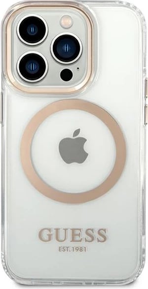 Mbështjellës Guess Metal Outline Magsafe për iPhone 14 Pro Max 6.7", Transparent/Gold