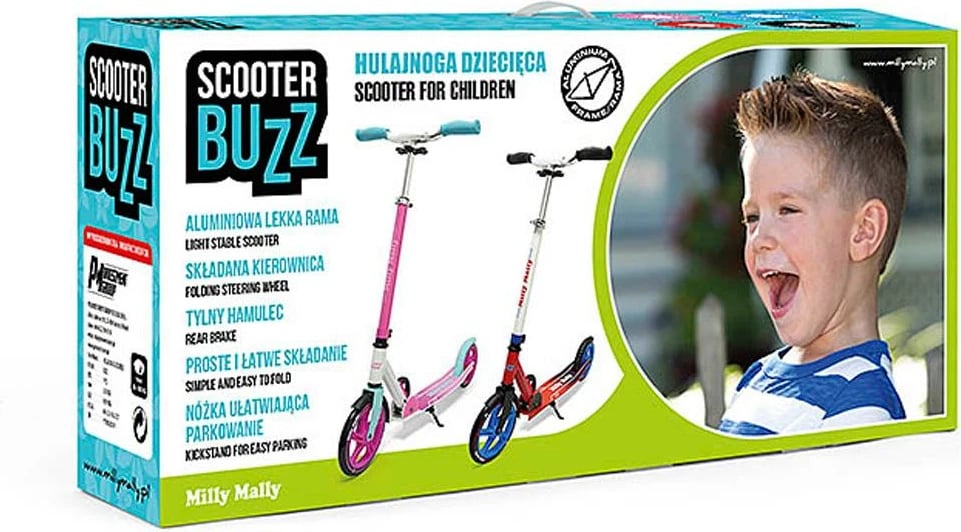 Skuter, Milly Mally BUZZ, rrota 205 mm, strukturë alumini, deri 100 kg, i palosshëm, timon i rregullueshëm, zi