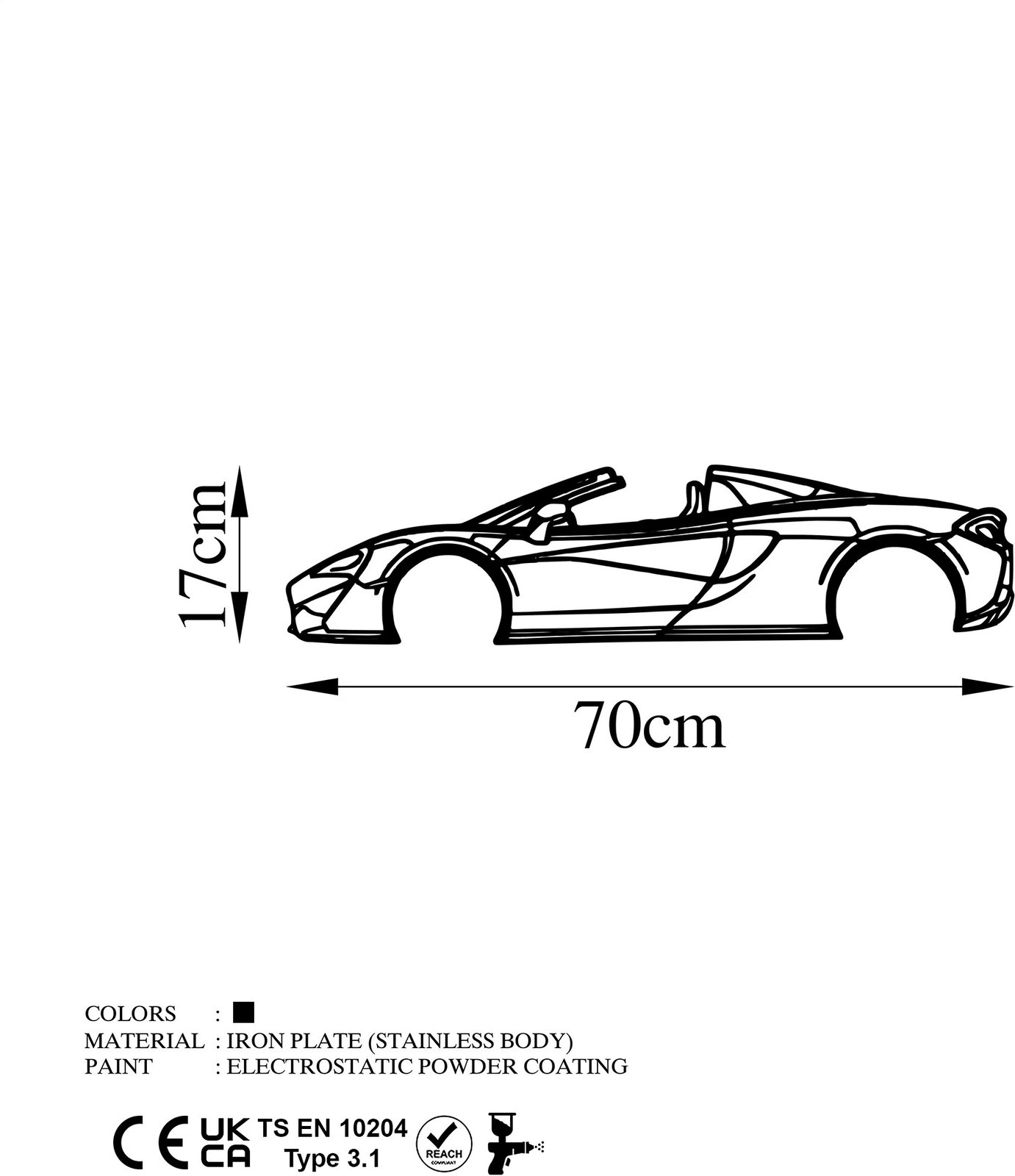 Aksesor dekorativ për mur, silueta McLaren 570S, metal i zi, 70x17cm